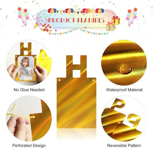 Unique Gold Birthday Photo Banner, Waterproof Happy Birthday Signs with 4x6 inches Photo Frame, Glitter Birthday Letters Banners for Baby, Kids, Adults Birthday Party- Personalizing Party in Saudi Arabia