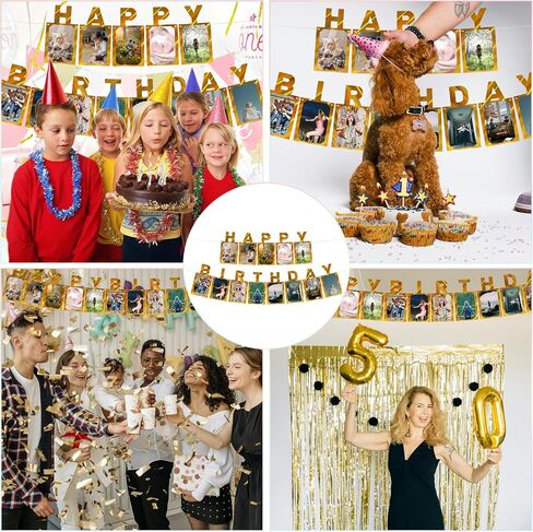 Unique Gold Birthday Photo Banner, Waterproof Happy Birthday Signs with 4x6 inches Photo Frame, Glitter Birthday Letters Banners for Baby, Kids, Adults Birthday Party- Personalizing Party in Saudi Arabia