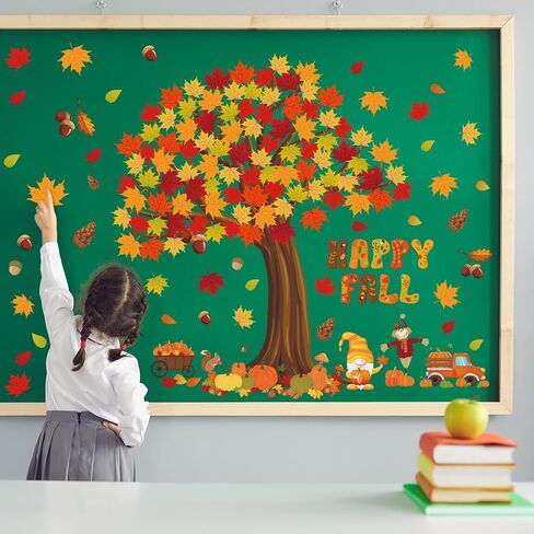 Chivertion 150 Pcs Fall Classroom Tree Bulletin Board Set Happy Fall Bulletin Board Decorations Maple Leaves Pumpkins Scarecrow Gnome Cutouts Bulletin Board Stickers for Home School Wall Decor in Saudi Arabia
