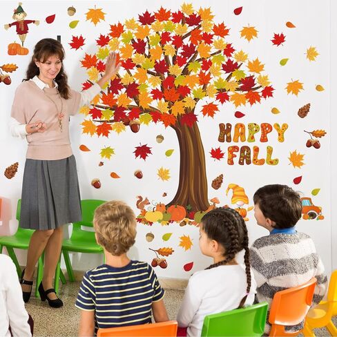 Chivertion 150 Pcs Fall Classroom Tree Bulletin Board Set Happy Fall Bulletin Board Decorations Maple Leaves Pumpkins Scarecrow Gnome Cutouts Bulletin Board Stickers for Home School Wall Decor in Saudi Arabia