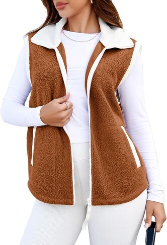 Glamaker Womens Fuzzy Sherpa Fleece Vest Casual Sleeveless Outerwear Travel Zip Up Jacket Lightweight Warm Gilet With Pockets in Kuwait