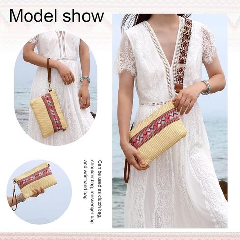 KUANG! Straw Bag for Women Handwoven Clutch Purses Slim Wallet National Style Wristlet Purse Summer Beach Shoulder Bag in Saudi Arabia