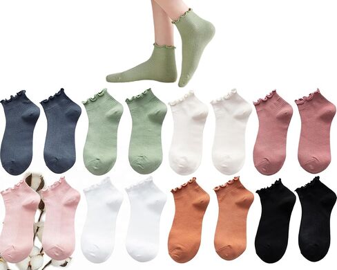 CHUNFO Womens Ruffle Socks Ankle Classic Basic Colorful Cotton Running Athletic Dress Sock Crew Size5-9.5 in Kuwait