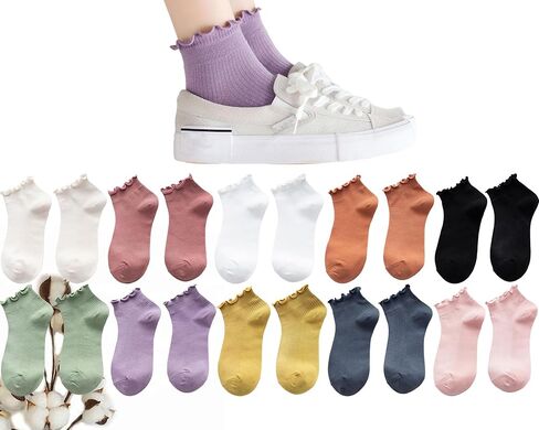 CHUNFO Womens Ruffle Socks Ankle Classic Basic Colorful Cotton Running Athletic Dress Sock Crew Size5-9.5 in Kuwait