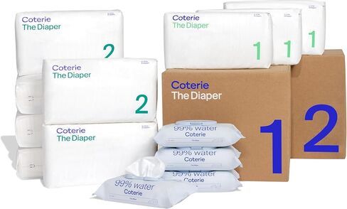 Coterie Baby Diapers + Wipes Baby Kit, Size 1 (198 Count) + 4 Wipe Packs (224 Wipes) Made with Plant-Based Fibers, Hypoallergenic, Designed for Sensitive Skin, Clean Ingredients in Kuwait