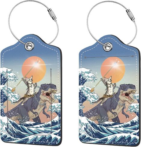2 Pcs Luggage Tags for Suitcase, Cute Unique PU Leather Travel Bag Tag with Privacy Cover ID Label Address Card and Durable Metal Ring Suitable for Men Women Children Backpack,Cat Riding Dinosaur in Kuwait