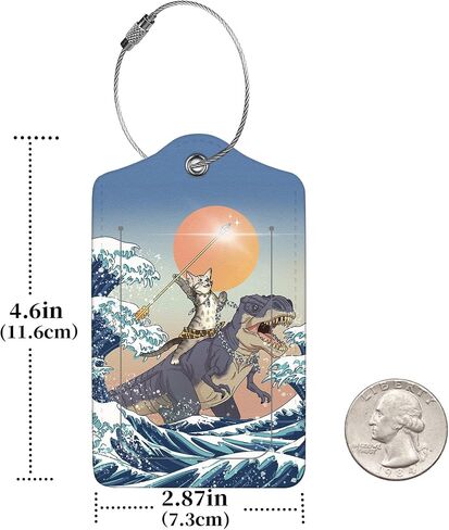 2 Pcs Luggage Tags for Suitcase, Cute Unique PU Leather Travel Bag Tag with Privacy Cover ID Label Address Card and Durable Metal Ring Suitable for Men Women Children Backpack,Cat Riding Dinosaur in Kuwait