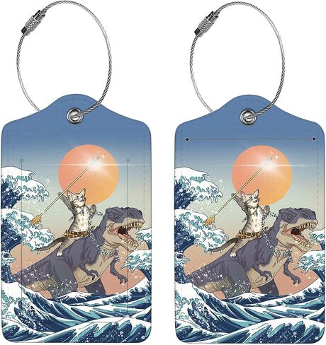 2 Pcs Luggage Tags for Suitcase, Cute Unique PU Leather Travel Bag Tag with Privacy Cover ID Label Address Card and Durable Metal Ring Suitable for Men Women Children Backpack,Cat Riding Dinosaur in Kuwait