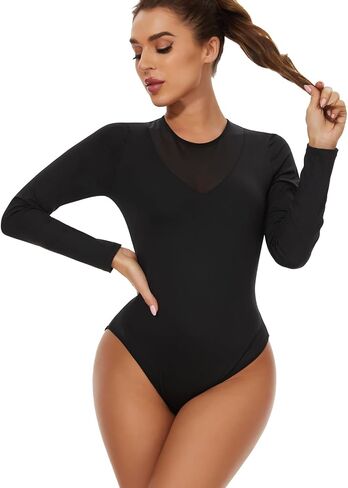 SEXYWG Long Sleeve Bodysuits for Women Crew Neck Basic Thong Bodysuit Tummy Control Shirts Tops in Saudi Arabia