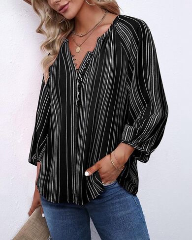 Womens Blouses Dressy Casual V Neck 3/4 Sleeve Tops Fashion Boho Loose Fit Button Down Shirts in Saudi Arabia