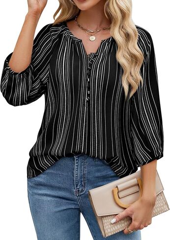Womens Blouses Dressy Casual V Neck 3/4 Sleeve Tops Fashion Boho Loose Fit Button Down Shirts in Saudi Arabia
