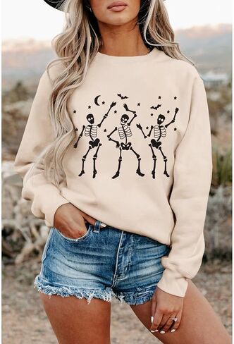 بلوزات نسائية للرقص على شكل هيكل عظمي للهالوين، قمصان بأكمام طويلة للموسم المخيف، بلوفر برقبة دائرية، بلوزات كبيرة الحجم in Kuwait