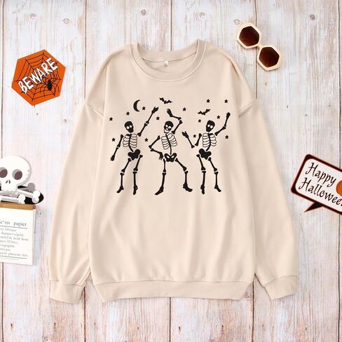 بلوزات نسائية للرقص على شكل هيكل عظمي للهالوين، قمصان بأكمام طويلة للموسم المخيف، بلوفر برقبة دائرية، بلوزات كبيرة الحجم in Kuwait