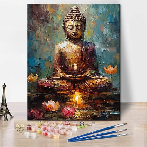 TUMOVO DIY الطلاء حسب الرقم للبالغين، تمثال بوذا الطلاء بالأرقام، مجموعة الطلاء للبالغين على شكل زهرة اللوتس بالأرقام على القماش، طلاء شمعة 16 × 20 بوصة بالأرقام للبالغين والأطفال المبتدئين in Kuwait