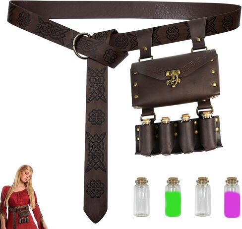 حقيبة حزام من الجلد الصناعي من القرون الوسطى مع 4 قوارير جرعة من الفلين، حقيبة جانبية للخصر الساحر الخيالي من أجل حقيبة حزام عصر النهضة وإكسسوارات عصر النهضة للنساء والرجال حزام جرعة تنكرية in Kuwait