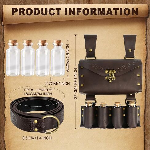 حقيبة حزام من الجلد الصناعي من القرون الوسطى مع 4 قوارير جرعة من الفلين، حقيبة جانبية للخصر الساحر الخيالي من أجل حقيبة حزام عصر النهضة وإكسسوارات عصر النهضة للنساء والرجال حزام جرعة تنكرية in Kuwait