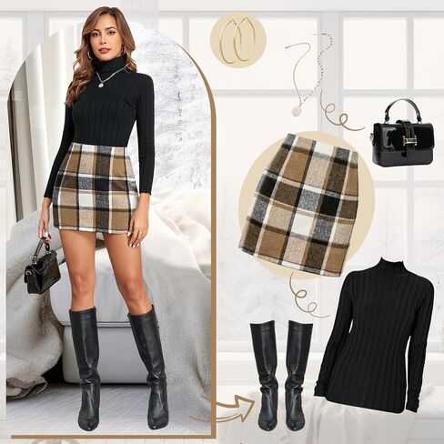 Womens Plaid Skirts High Waist Pencil Skirt Bodycon Mini Skirt Fall Winter Outfits for Women in Saudi Arabia