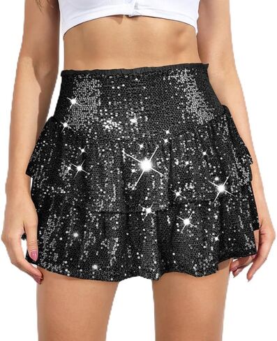 Women's Sequin Mini Skirt Sparkly High Waist Lined Layered Flared Pleated Glitter Night Out Party Short Skirts in Saudi Arabia