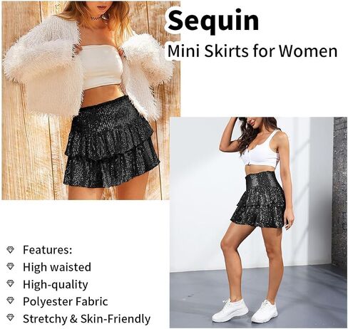Women's Sequin Mini Skirt Sparkly High Waist Lined Layered Flared Pleated Glitter Night Out Party Short Skirts in Saudi Arabia