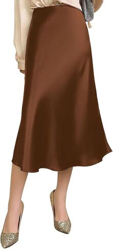 Womens Silky Satin Midi Skirt High Waist Elastic Waist A Line Skirt in Kuwait