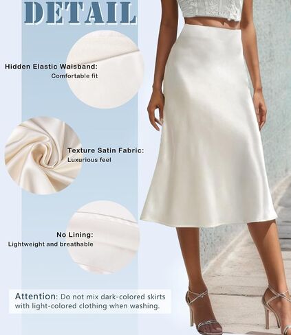 Womens Silky Satin Midi Skirt High Waist Elastic Waist A Line Skirt in Kuwait