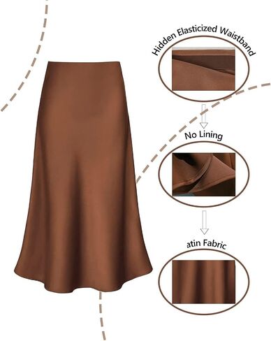 Womens Silky Satin Midi Skirt High Waist Elastic Waist A Line Skirt in Kuwait