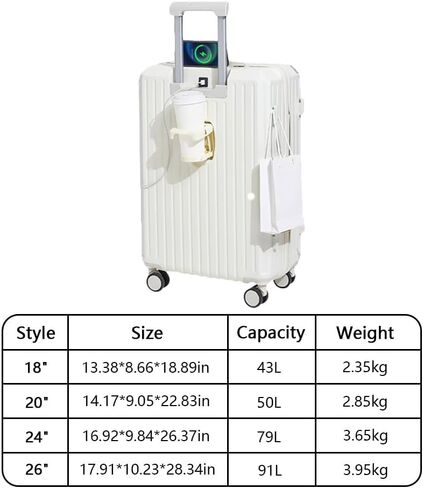 حقيبة VISTABLUE للحمل مع حامل هاتف وشاحن، وحقائب ذات هيكل صلب مع عجلات دوارة، وحقائب كمبيوتر + ABS ذات سعة كبيرة للسفر والعمل (أبيض، 20 بوصة) in Saudi Arabia