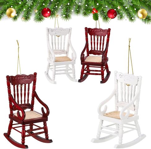 Qunclay 4 Pcs Dollhouse Rocking Chair 1:12 Miniature Wooden Chair Christmas Ornament Mini Doll House Model Chairs with Lanyard Gifts Decoration for Xmas Tree Dollhouse Accessories in Saudi Arabia