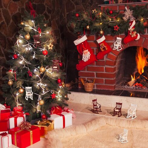 Qunclay 4 Pcs Dollhouse Rocking Chair 1:12 Miniature Wooden Chair Christmas Ornament Mini Doll House Model Chairs with Lanyard Gifts Decoration for Xmas Tree Dollhouse Accessories in Saudi Arabia