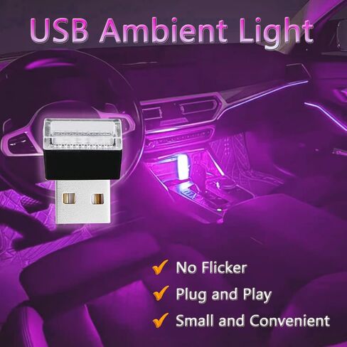 2 Pcs USB LED Car Interior Atmosphere Lamp, Night Light Led Decoration Light Ambient Lighting Kit Interior Led Lights, Portable Vehicle Ambient Lighting Kit for all Car Interior Accessorie Pink Purple in Saudi Arabia
