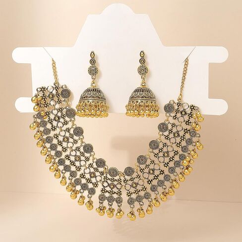 Indian Jewelry Sets for Women Bollywood Wedding Jewelry Necklace Set Choker Necklace with Maang Tikka Earrings Set in Kuwait