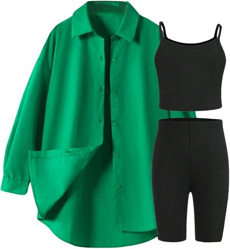 Floerns Girl's 3 Piece Outfit Solid Cami and Biker Shorts Set with Collared Shirts in Saudi Arabia