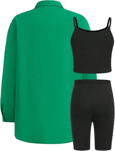Floerns Girl's 3 Piece Outfit Solid Cami and Biker Shorts Set with Collared Shirts in Saudi Arabia