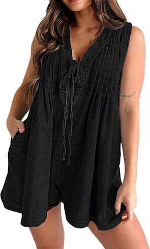 Womens Casual Sleeveless Tie Front Denim Romper Overall Shorts Summer Jean Romper With Pocket in Saudi Arabia