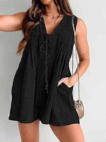 Womens Casual Sleeveless Tie Front Denim Romper Overall Shorts Summer Jean Romper With Pocket in Saudi Arabia