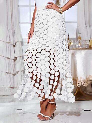Cicy Bell Womens Hollow Out Maxi Skirts Summer High Waisted Boho Fringe Hem Long Skirt in Kuwait
