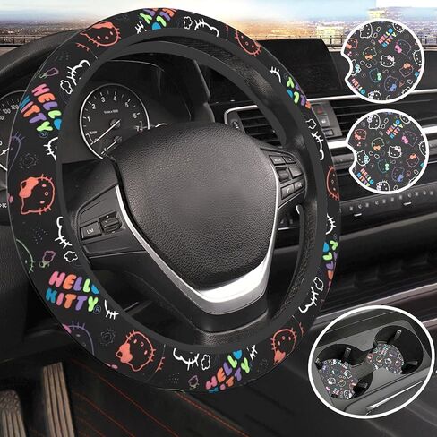 Cute Cartoon Car Accessories Thickened Steering Wheel Cover, with 2 Pieces Car Coasters Women Men Car Steering Wheel Covers Protector Universal 15 Inch (BIACK A) in Saudi Arabia