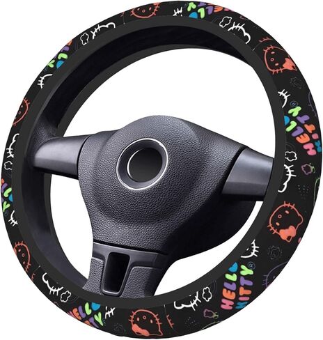 Cute Cartoon Car Accessories Thickened Steering Wheel Cover, with 2 Pieces Car Coasters Women Men Car Steering Wheel Covers Protector Universal 15 Inch (BIACK A) in Saudi Arabia