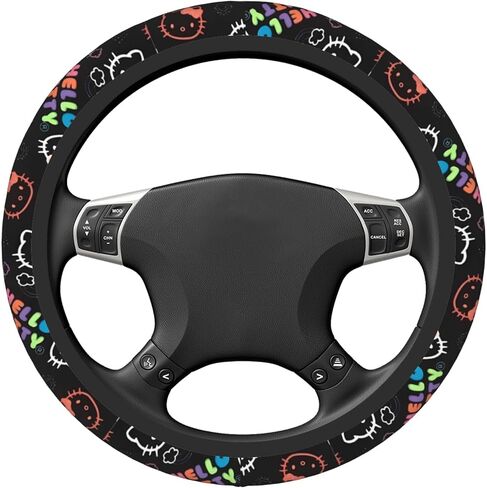 Cute Cartoon Car Accessories Thickened Steering Wheel Cover, with 2 Pieces Car Coasters Women Men Car Steering Wheel Covers Protector Universal 15 Inch (BIACK A) in Saudi Arabia