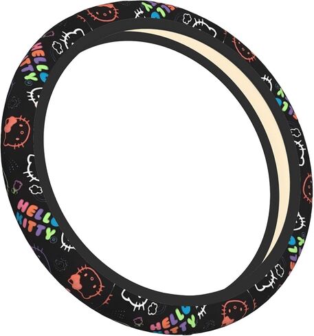 Cute Cartoon Car Accessories Thickened Steering Wheel Cover, with 2 Pieces Car Coasters Women Men Car Steering Wheel Covers Protector Universal 15 Inch (BIACK A) in Saudi Arabia