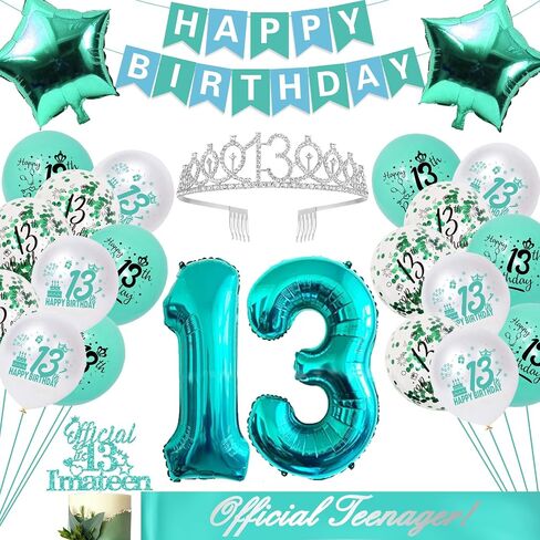 13th Birthday Decorations for Girls, Teal Glitter Official Teenager Birthday Cake Topper and sash, Happy Birthday Banner, Silver 13th Birthday Crown, NO.13 Birthday Foil Balloons, Latex Balloons in Saudi Arabia
