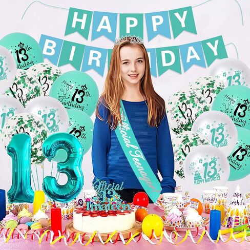 13th Birthday Decorations for Girls, Teal Glitter Official Teenager Birthday Cake Topper and sash, Happy Birthday Banner, Silver 13th Birthday Crown, NO.13 Birthday Foil Balloons, Latex Balloons in Saudi Arabia