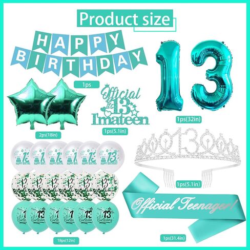 13th Birthday Decorations for Girls, Teal Glitter Official Teenager Birthday Cake Topper and sash, Happy Birthday Banner, Silver 13th Birthday Crown, NO.13 Birthday Foil Balloons, Latex Balloons in Saudi Arabia