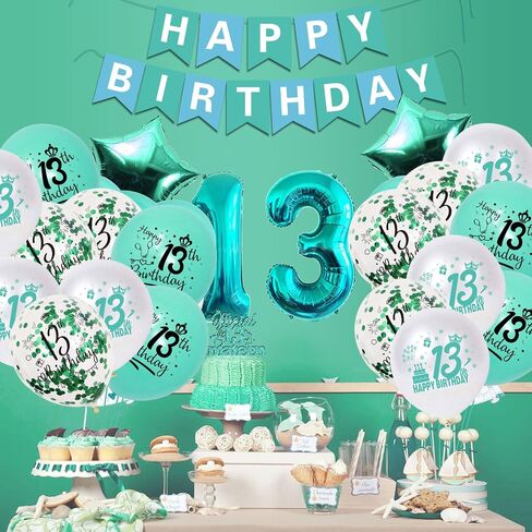 13th Birthday Decorations for Girls, Teal Glitter Official Teenager Birthday Cake Topper and sash, Happy Birthday Banner, Silver 13th Birthday Crown, NO.13 Birthday Foil Balloons, Latex Balloons in Saudi Arabia