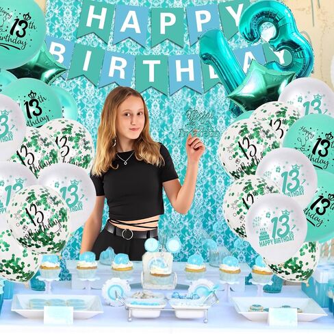 13th Birthday Decorations for Girls, Teal Glitter Official Teenager Birthday Cake Topper and sash, Happy Birthday Banner, Silver 13th Birthday Crown, NO.13 Birthday Foil Balloons, Latex Balloons in Saudi Arabia
