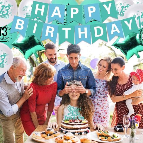 13th Birthday Decorations for Girls, Teal Glitter Official Teenager Birthday Cake Topper and sash, Happy Birthday Banner, Silver 13th Birthday Crown, NO.13 Birthday Foil Balloons, Latex Balloons in Saudi Arabia