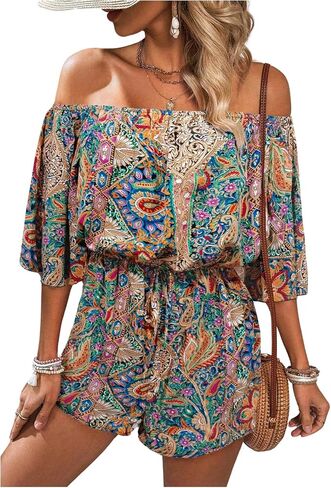 SHENHE Women's Off Shoulder Flutter Sleeve Boho Tropical Romper Short Jumpsuit Playsuit in Saudi Arabia