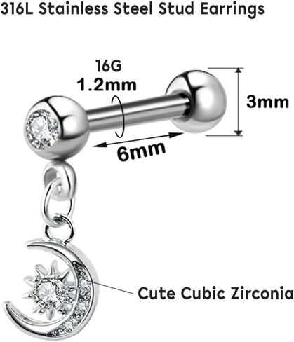 1 Pair 16G Cartilage Stud Earrings for Women Surgical Steel Helix Earrings Dangle Moon Star Butterfly Heart Cross CZ Hypoallergenic Tragus Couch Helix Piercing Jewelry in Kuwait