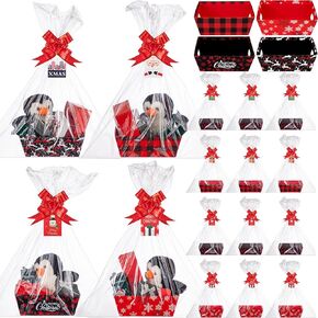 Cholemy 12 Sets Large Christmas Basket for Gift Empty Gift Basket Kit Gift Basket Empty to Fill with Handles Wine Basket Kraft Cardboard Tray for Christmas Birthday Party Gift Wrapping (Red,Classic)