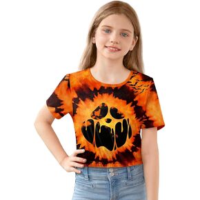 BesserBay Girls Halloween Printed Crewneck Short Sleeve Waist Trimming Crop Tops 5-14 Years